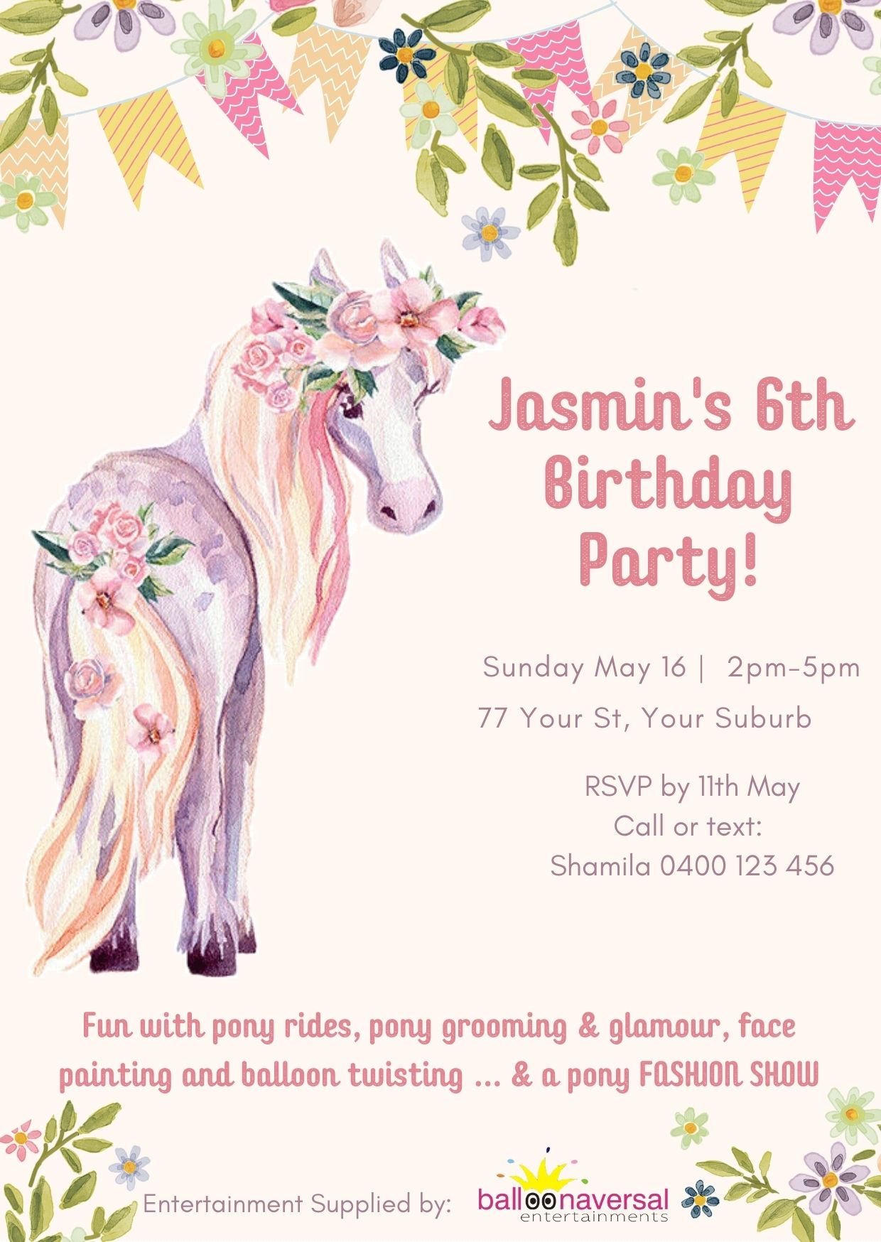 Groom n Glam pony party invite